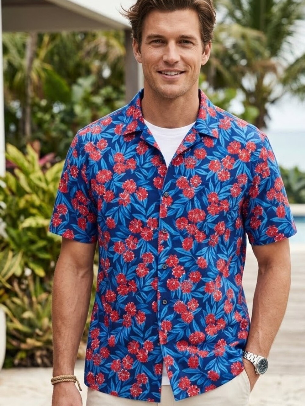 Land's End men's short sleeves floral Hawaiian  Camp shirt size XL